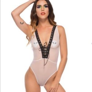 White lace-up mesh bodysuit